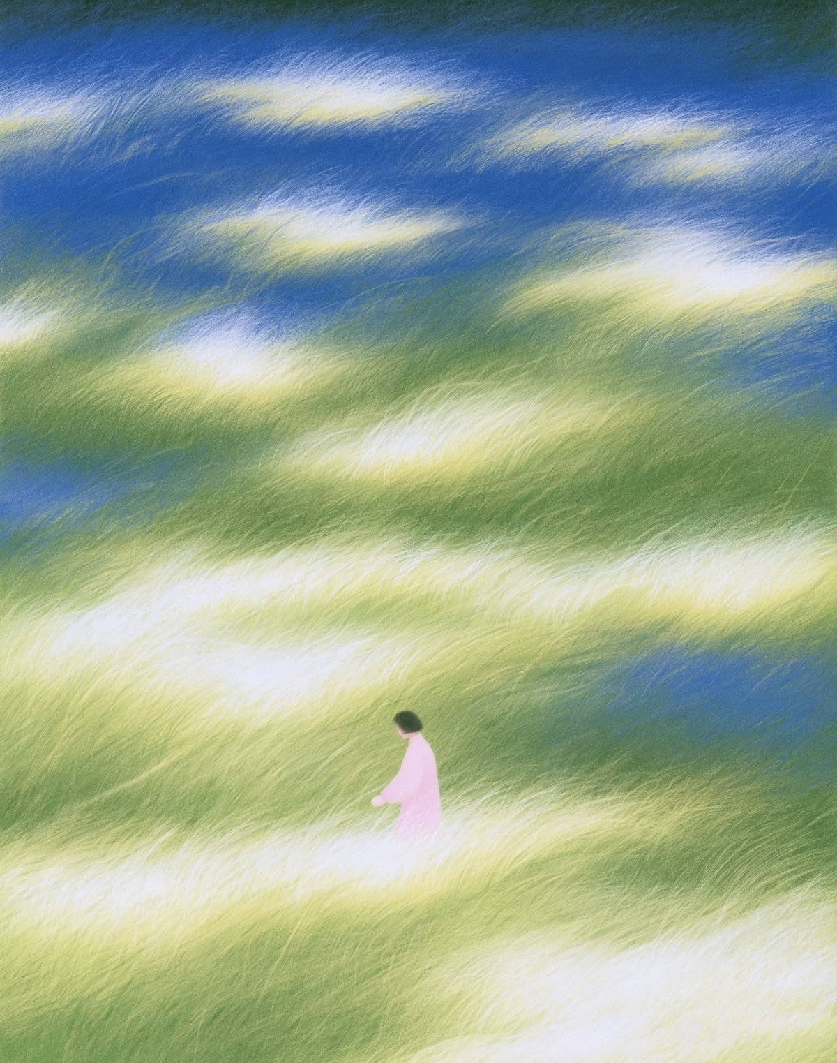 蓝绿色草地与白色花丛中的女孩