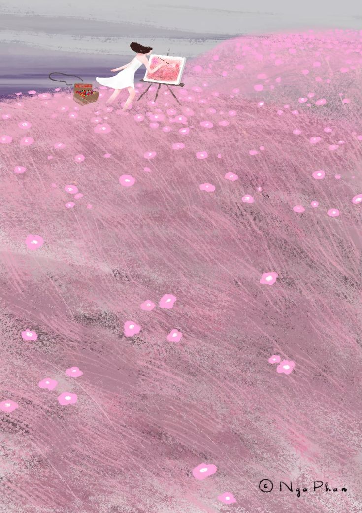 粉色花海中的绘画女孩